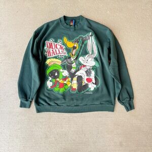 Vintage Sun Unisex Sweatshirt Green Looney Tunes Duck The Halls Long Sleeve